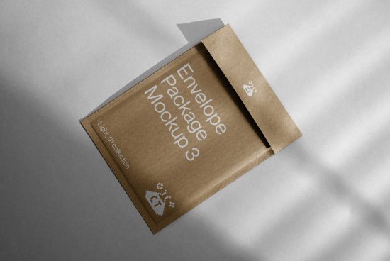 Craft paper envelope packaging mockup with natural shadows, ideal for presenting designs in a realistic setting, essential for branding and stationery.